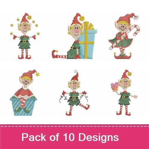 Christmas Elves Embroidery Designs Bundle – Cheerful Elf with Stars, Elf with Present, Elf Skating & More (10 Designs)