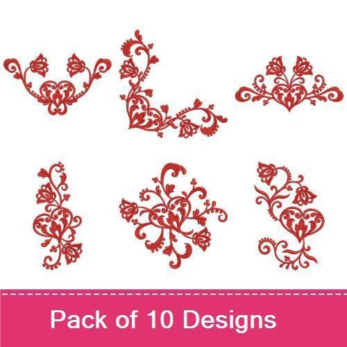 Redwork Elegant Floral Embellishments Embroidery Designs Bundle – Ornate Floral Frame, Scrolling Floral Vine, & More (10 Designs)