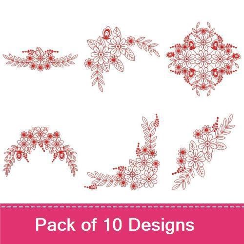 Redwork Floral Embroidery Bundle – Floral Medallion, Border with Leaves, Wreath & More (10 Designs)