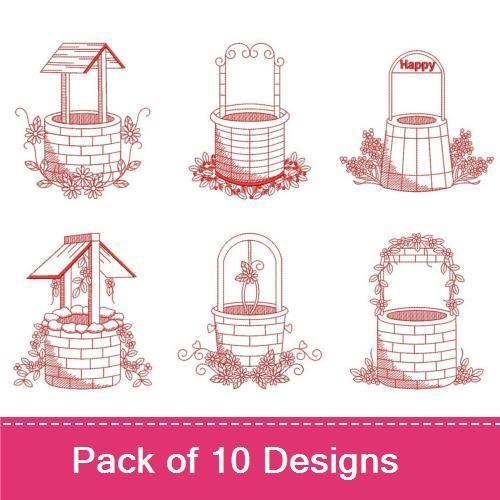 Redwork Garden Well Embroidery Designs Bundle – Wishing Well, Garden Well with Flowers, Well with Ivy & More (10 Designs)