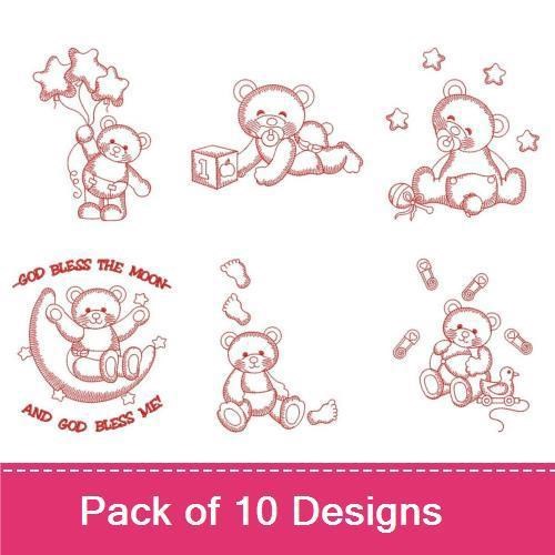 Redwork Baby Bears Embroidery Bundle – Sleeping Bear on Moon, Bear with Stars, Bear with Gift & More (10 Designs)