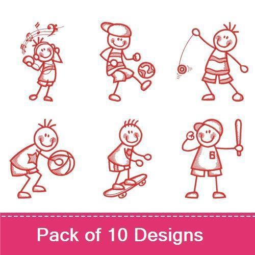 Redwork Playful Kids Activities Embroidery Designs Bundle – Child with Ball, Child Playing with Yo-Yo, Child at Bat & More (10 Designs)