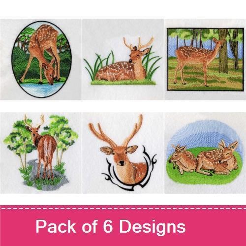 Deer in Nature Embroidery Bundle – Deer Drinking Water, Deer in Grass, Male Deer with Antlers & More (6 Designs)