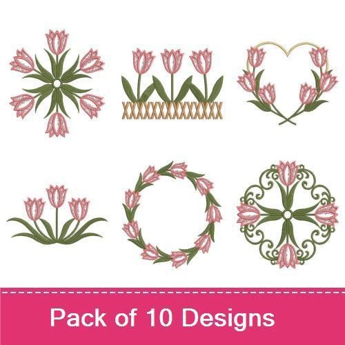 Elegant Tulip Embroidery Designs Bundle – Tulip Wreath, Tulip Heart, Tulip Border & More (10 Designs)