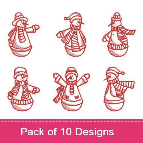 Redwork Festive Snowman Embroidery Bundle – Snowman with Hat, Snowman with Present, & More (10 Designs)