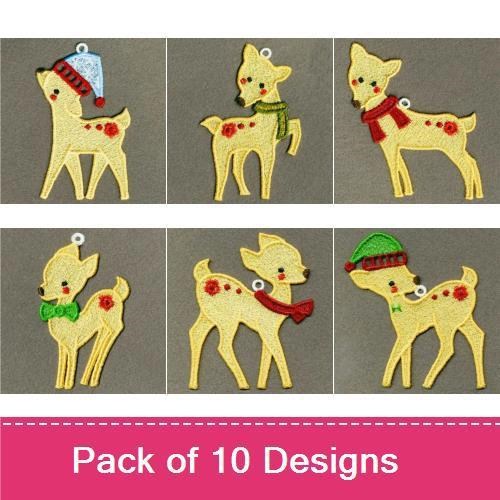 FSL Festive Fawn Embellishments Embroidery Bundle – Fawn with Blue Hat, Fawn with Red Scarf, Fawn with Christmas Hat & More (10 Designs)
