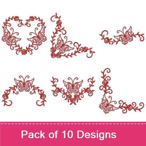 Redwork Butterflies & Floral Embellishments Embroidery Designs Bundle – Butterfly Heart, Ornamental Corner, & More (10 Designs)