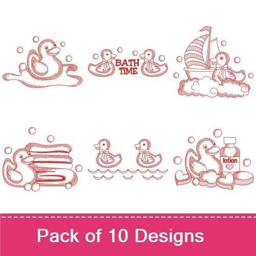 Redwork Rubber Duck Bath Embroidery Designs Bundle – Rubber Duck with Bow, Rubber Duck with Sailboat, & More (10 Designs)
