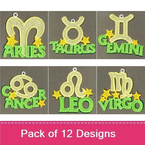 FSL Zodiac Signs Embroidery Designs Bundle – Aries, Taurus, Gemini & More (12 Designs)