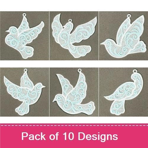FSL Elegant Lace Doves Embroidery Bundle – Lace Dove with Swirls, Dove Ornament with Lace & More (10 Designs)