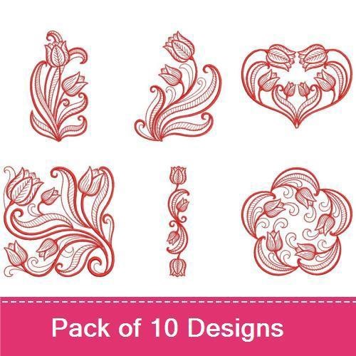 Redwork Elegant Tulip Embroidery Designs Bundle – Tulip Vine, Tulip Bouquet, Heart with Tulips & More (10 Designs)