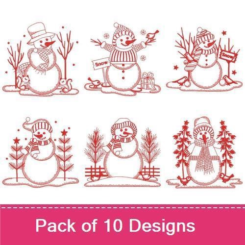 Redwork Whimsical Snowmen Embroidery Designs Bundle – Snowman Family, Snowman with Bird, Snowman Holding a Gift & More (10 Designs)