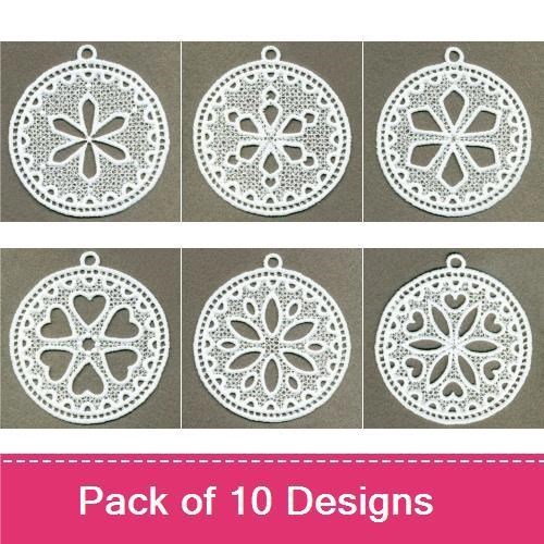 FSL Lace Ornaments Embroidery Designs Bundle – Snowflake, Floral, Heart, Star & More (10 Designs)