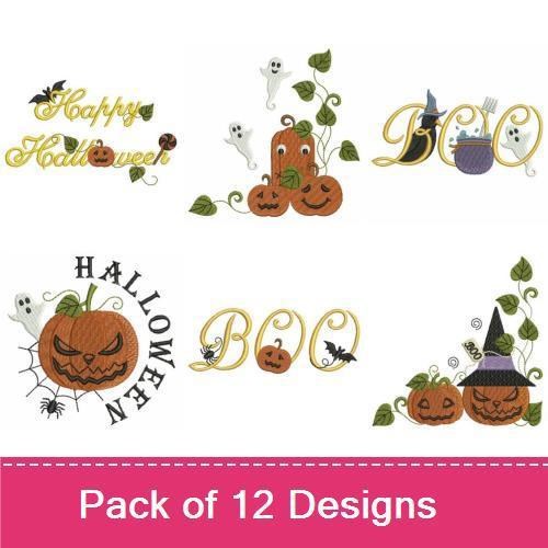 Halloween Pumpkin Embroidery Designs Bundle – Jack-O'-Lantern, Spooky Ghost, Boo Text & More (12 Designs)