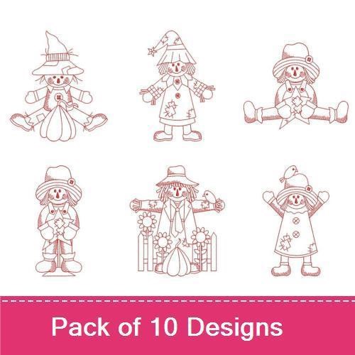 Redwork Cute Scarecrow Embroidery Designs Bundle – Scarecrow with Hat, Scarecrow with Pumpkin, & More (10 Designs)