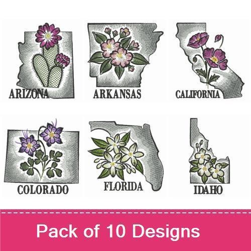 State Flowers of the USA Embroidery Bundle – California Poppy, Alabama Wildflower, Alaska Forget-Me-Not & More (10 Designs)