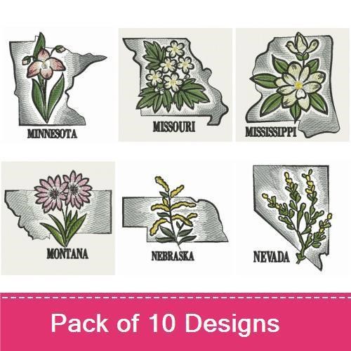 State Flower Embroidery Designs Bundle – New York Rose, Minnesota Soil, Missouri Dogwood & More (10 Designs)