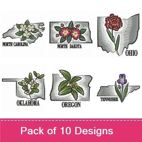 State Flowers Embroidery Bundle – North Carolina Flower, Ohio Flower, Oklahoma Flower & More (10 Designs)