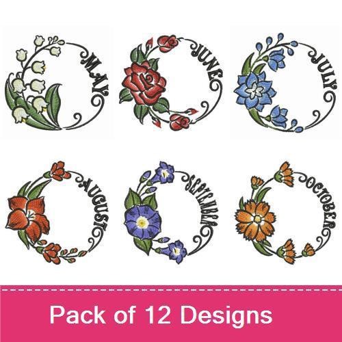 Floral Monthly Themes Embroidery Designs Bundle – January Carnation, February Violet, March Daffodil & More (12 Designs)
