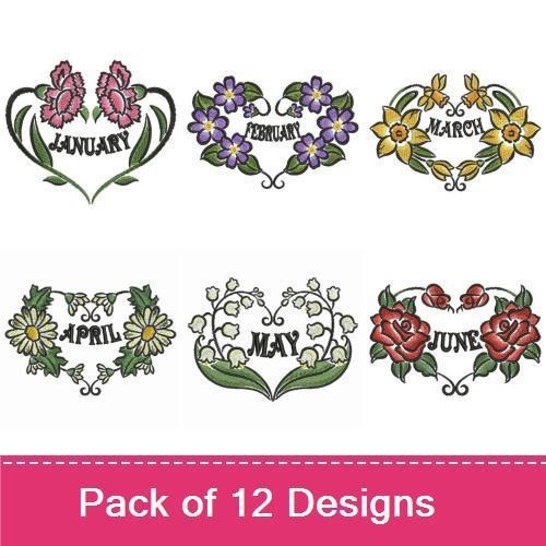 Floral Birth Month Embroidery Designs Bundle – January to December Flowers (12 Designs)