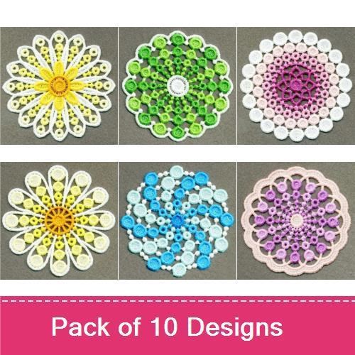 FSL Colorful Crochet Mandala Embroidery Bundle – Yellow, Green, Blue, Pink & More (10 Designs)