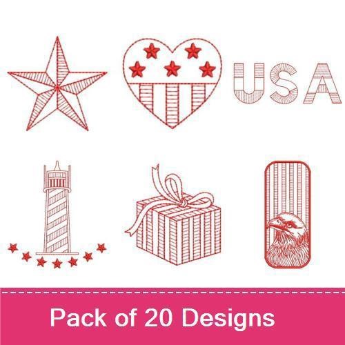 Redwork Patriotic Embroidery Bundle – Eagle with Stars, Dove, Top Hat & More (20 Designs)