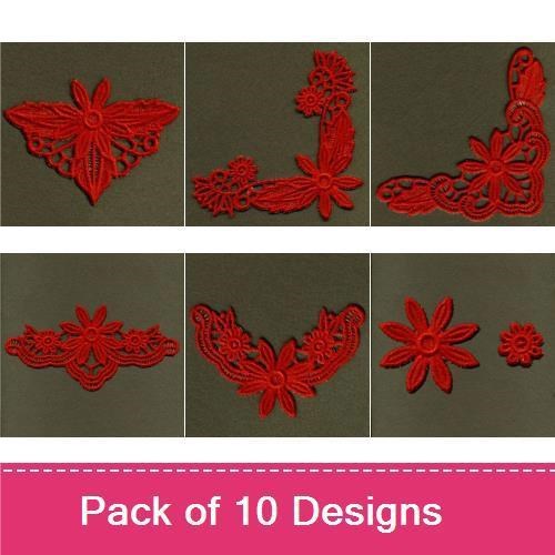 FSL Elegant Red Floral Lace Embroidery Bundle – Lace Floral Border, Lace Butterfly, Lace Flower Accent & More (10 Designs)