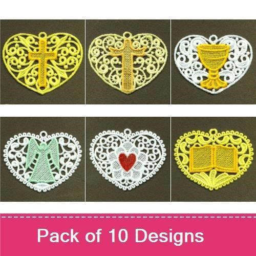 FSL Hearts with Religious Symbols Embroidery Designs Bundle – Cross Heart, Chalice Ornament & More (10 Designs)