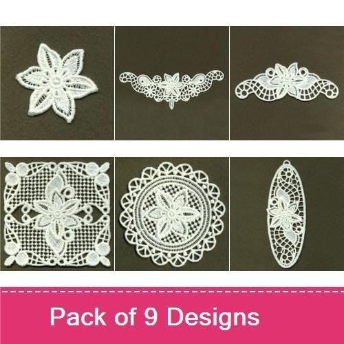FSL Elegant Floral Lace Embroidery Bundle – Floral Lace Square, Lace Flower Medallion, Lace Floral Border & More (9 Designs)