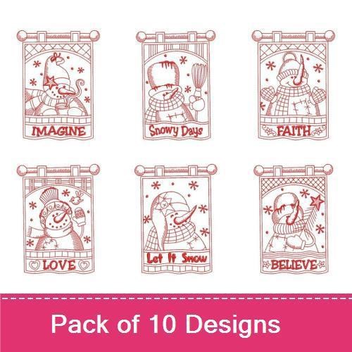 Redwork Snowman Embroidery Designs Bundle – Let It Snow, Warm Heart, Merry Wishes & More (10 Designs)