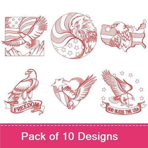 Redwork Patriotic Eagles Embroidery Designs Bundle – Eagle with Flag, Soaring Eagle, Flying Eagle & More (10 Designs)