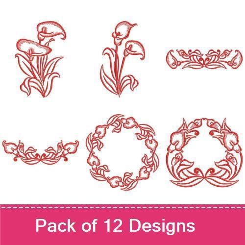 Redwork Elegant Calla Lily Embroidery Designs Bundle – Calla Lily Wreath, Decorative Frame, Bouquet & More (12 Designs)