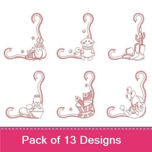 Redwork Corner Embellishments Embroidery Bundle – Charming Elements & Illustrations (13 Designs)