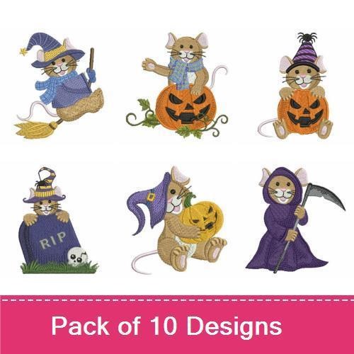 Halloween Mice Embroidery Designs Bundle – Mouse on Broomstick, Mouse with Pumpkin, Mouse by Tombstone & More (10 Designs)
