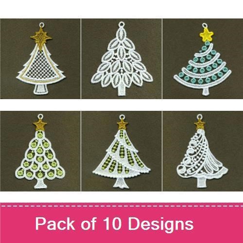 FSL Christmas Tree Ornament Embroidery Designs Bundle – Ornament with Star, Lace Tree Ornament, Chevron Tree Ornament & More (10 Designs)