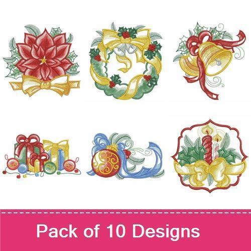 Classic Christmas Embroidery Designs Bundle – Poinsettia, Christmas Wreath, Christmas Bells & More (10 Designs)
