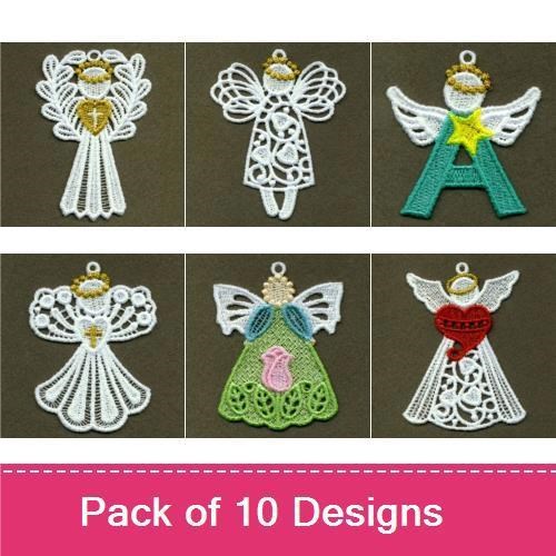 FSL Angel Embroidery Bundle – Ornament with Wreath, Lace Angel, Angel with Bow & More (10 Designs)