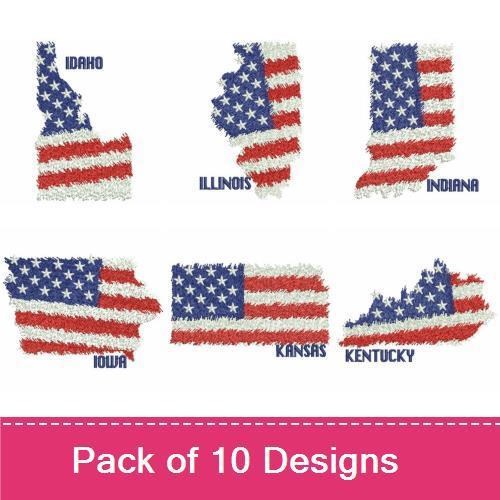 USA State Flags Embroidery Designs Bundle – Maine, Hawaii, Idaho, Illinois & More (10 Designs)
