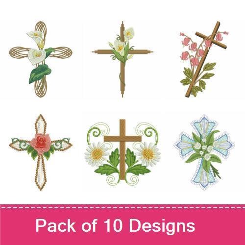 Floral Cross Embroidery Designs Bundle – Calla Lilies, Roses, Greenery & More (10 Designs)