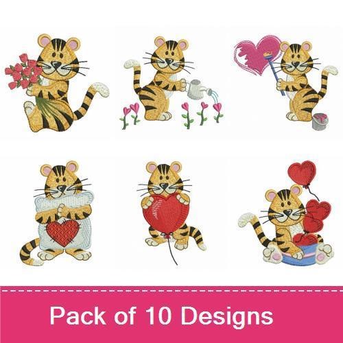 Cute Tiger Embroidery Designs Bundle – Tiger with Heart Balloon, Tiger with Flowers, Tiger Sending Hearts & More (10 Designs)