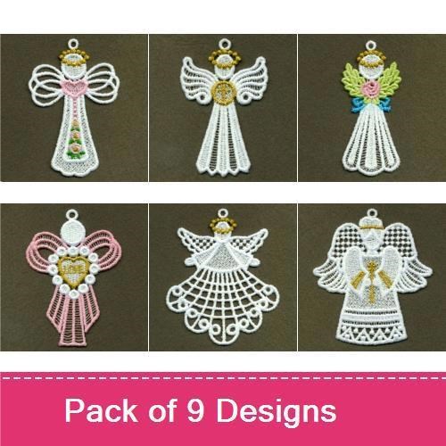 FSL Angel Ornament Embroidery Bundle – Lace Skirt, Gold Halo, Pink Dress & More (9 Designs)