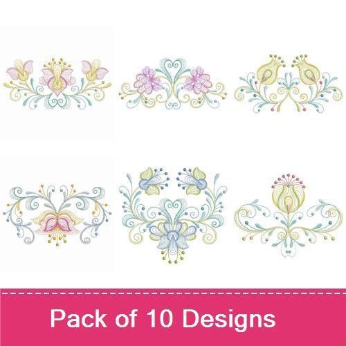 Rippled Floral Embellishment Embroidery Bundle – Floral Motif with Swirls, Pink Floral Swirl, Tulip Arrangement & More (10 Designs)