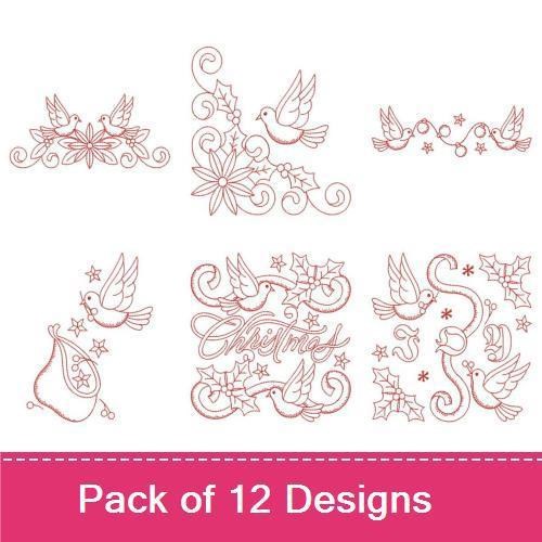 Redwork Christmas Doves Embroidery Designs Bundle – Dove with Holly, Floral Ornament with Dove, Dove and Holly Wreath & More (12 Designs)