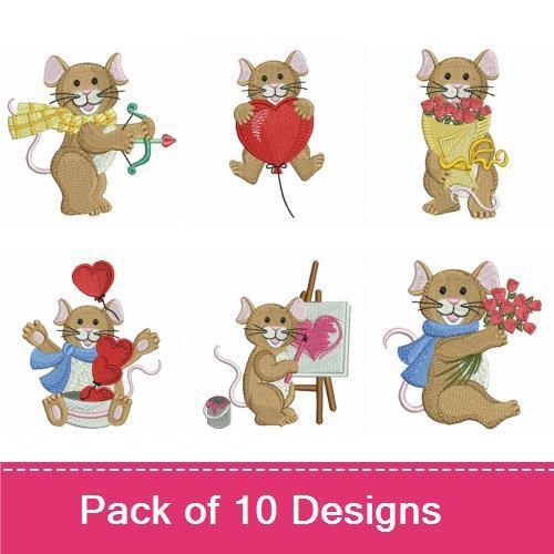 Valentine's Day Mice Embroidery Designs Bundle – Mouse with Heart Balloon, Mouse Holding Flower & More (10 Designs)