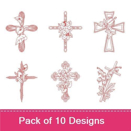 Redwork Floral Cross Embroidery Designs Bundle – Elegant Floral Crosses with Bow, Leaves, Flowers & More (10 Designs)