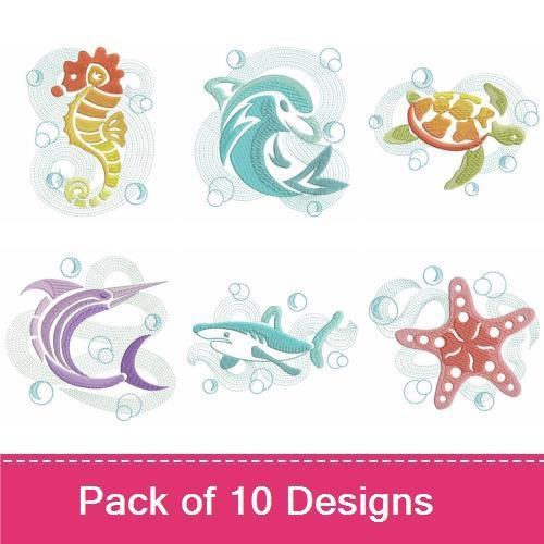 Rippled Ocean Creatures Embroidery Bundle – Dolphin, Seahorse, Sea Turtle & More (10 Designs)