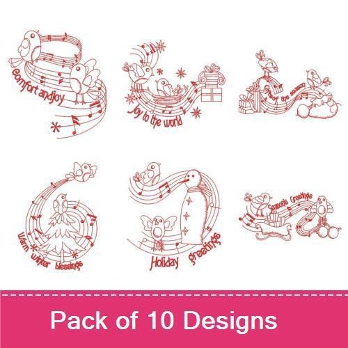 Redwork Holiday Music Embroidery Designs Bundle – Birds with Musical Notes, Snowman with Gift, Santa Claus with Gifts & More (10 Designs)