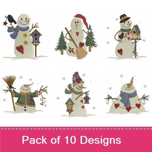 Snowman Embroidery Designs Bundle – Snowman with Bird, Snowman with Heart, & More (10 Designs)