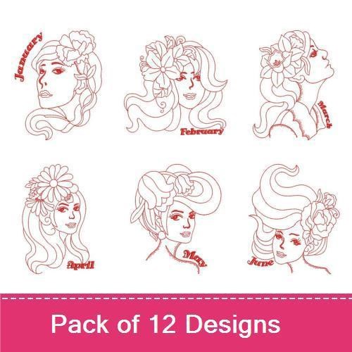 Redwork Zodiac Women Embroidery Bundle – January to December Profiles & Floral Elements (12 Designs)