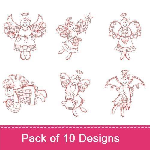 Redwork Angel Embroidery Designs Bundle – Angel with Hearts, Angel with Flowers, Angel Holding Gifts & More (10 Designs)